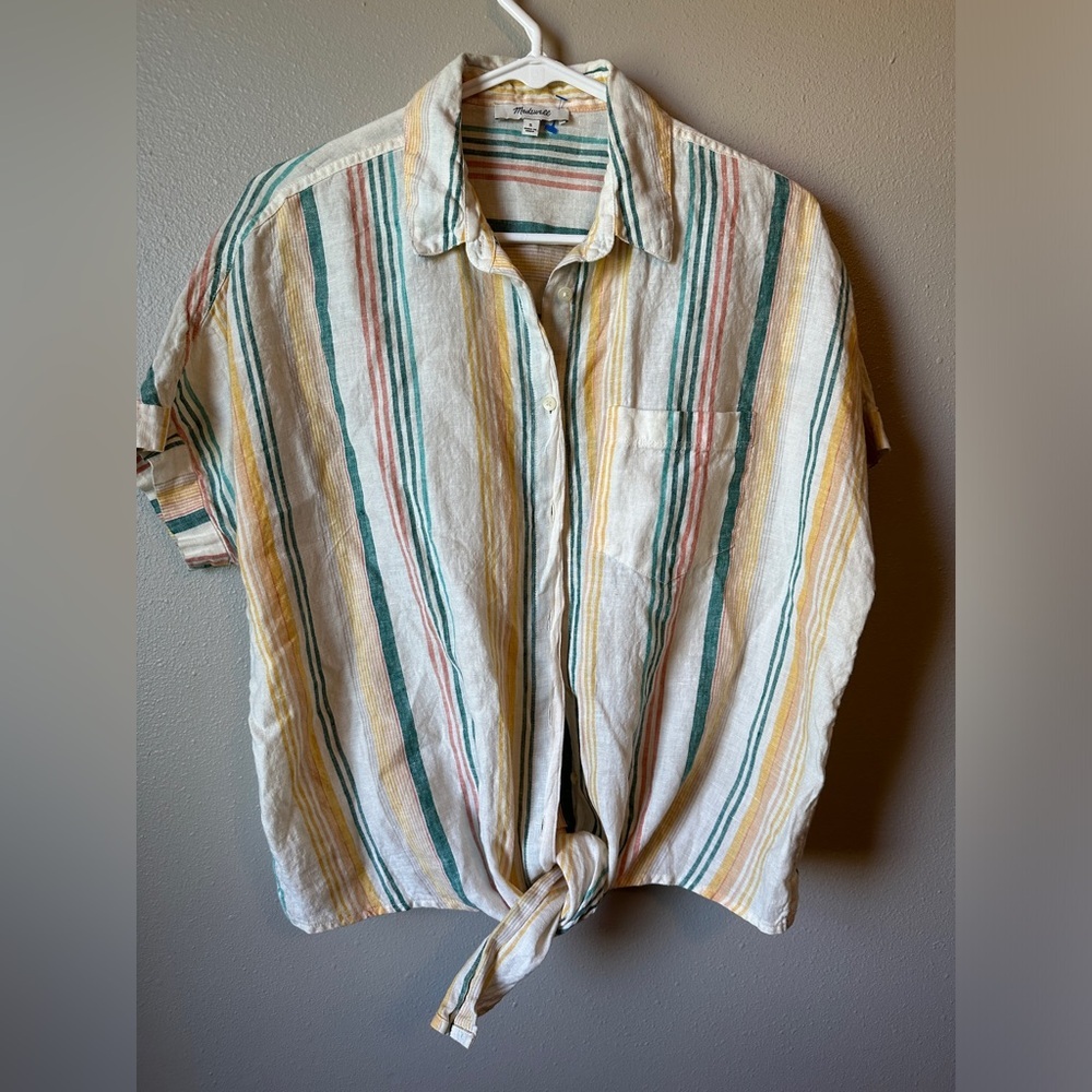 Madewell Linen Short-Sleeve Tie-Front Shirt in Pineapple Stripe